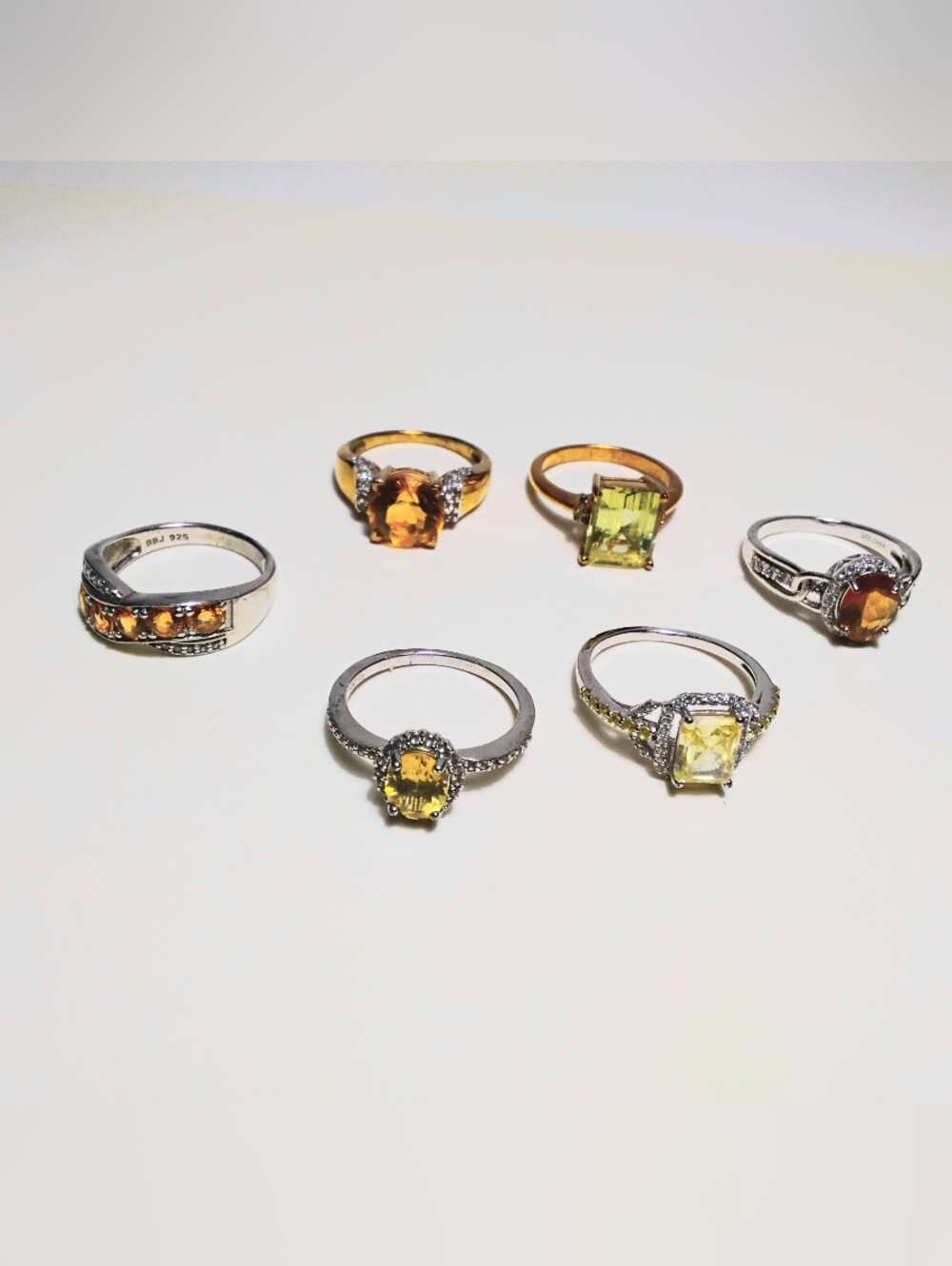 925 Silver 6 Ring Lot Citrine, Yellow Moissanite Sz 7-1/2